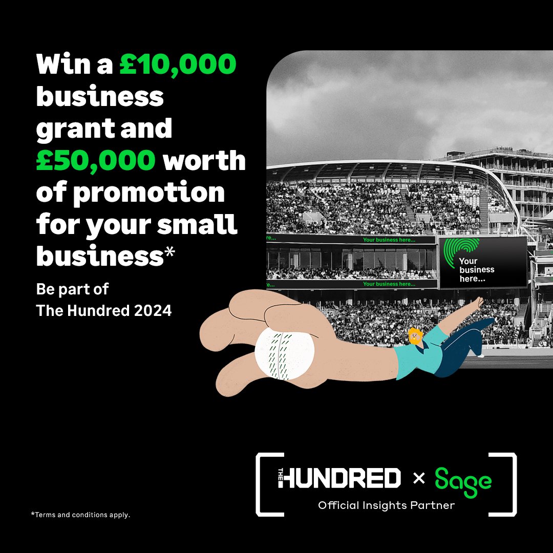 Don't miss out on your chance to win our ultimate giveaway in partnership with <a href="/thehundred/">The Hundred</a>.

💸 A £10k business grant 

🔉 £50k worth of promotion 

🏏 Plus match tickets and VIP experiences

Comp closes Sunday 23 July! 1sa.ge/GOUQ50PcJvT

#SageInsights #SageTheHundred