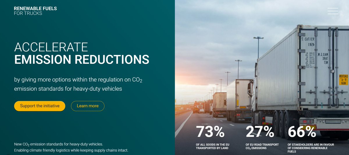 🚛 The current #CO2 emission standards for new vehicles do not consider #renewablefuels. 

Over 120 associations, 90 scientists &amp; companies have spoken out to include them in the CO2 emissions standards for heavy-duty vehicles. 📲 Support the initiative: shorturl.at/kuIL2