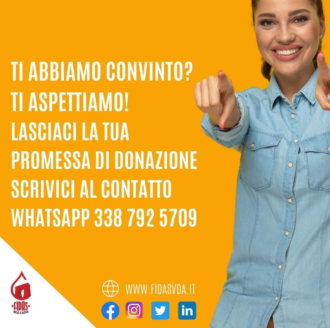Diventa anche Tu Donatore/Donatrice di sangue Fidas Valle d'Aosta 
#donovita 
#donasangue 
#giovanifidasvda 
fidasvda.it
📱3387925709