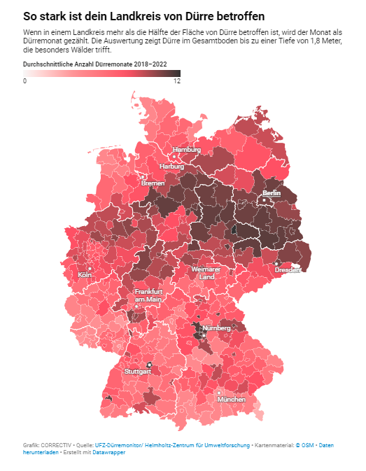 Laut <a href="/correctiv_org/">CORRECTIV</a> -Recherche haben mindestens 40 Landkreise in Deutschland den #Wassernotstand ausgerufen. Oder müssen bereits Wasser rationieren.
Die Recherche zeigt auch: Gegen #Hitze, #Dürre oder Starkregen sind viele Bürger:innen ungeschützt: correctiv.org/aktuelles/klim…