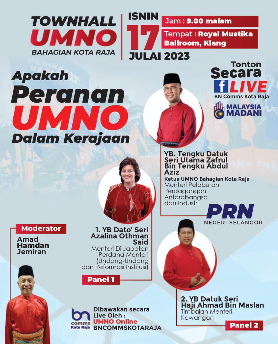 tzafrul_aziz's tweet image. Jom, 9 malam ini bersama YB Dato' Seri @AzalinaOthmanS , Menteri Di Jabatan Perdana Menteri (Undang-Undang dan Reformasi Institusi) &amp;amp; YB Datuk Seri Haji @ahmadmaslan, Timbalan Menteri Kewangan di FB BN Comms Kota Raja dengan topik, Apakah Peranan #UMNO Dalam Kerajaan? #TZA