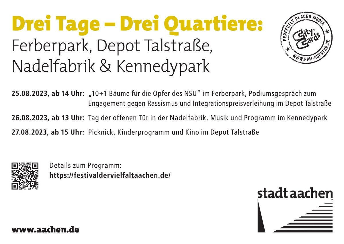 Nehmen Sie mit #ADNA am Festival der Vielfalt, dem Tag der offenen Tür in der Nadelfabrik, der Musik und dem Programm im Kennedypark teil.

🛣️Wo: Nadelfabrik, Kennedypark, Depot Talstraße & Ferberpark.
 📍Wann : Fr, 25.8.- So, 27.8.2023