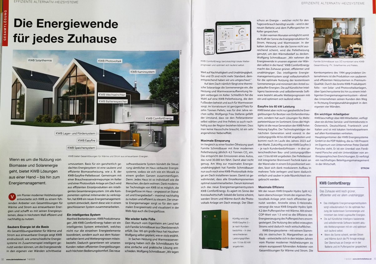 Die Energiewende für jedes Zuhause ☀️🏡
Unser neues Mitglied <a href="/KWB_tweet/">KWB</a> bietet seinen Kund:innen gleich das ganze Energiesystem für das Eigenheim inkl. Solarwärme-Anlage und eigenem intelligenten Energiemanagementsystem! Darüber schreibt <a href="/Gelber_Inst/">Gelber Installateur</a> in der aktuellen Ausgabe 👇