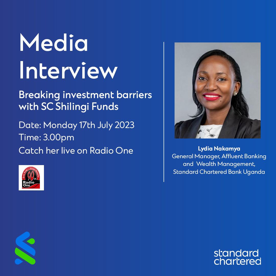 StanChartUGA's tweet image. Our General Manager, Affluent Banking &amp;amp; Wealth Management, @nakamya_lydia will be live on @RadioOneFM90 at 3 pm to discuss our latest innovative investment product; The SC Shilingi Funds. Be sure to tune in. #HereForGood #ItCouldBeYours #ScShilingiFunds