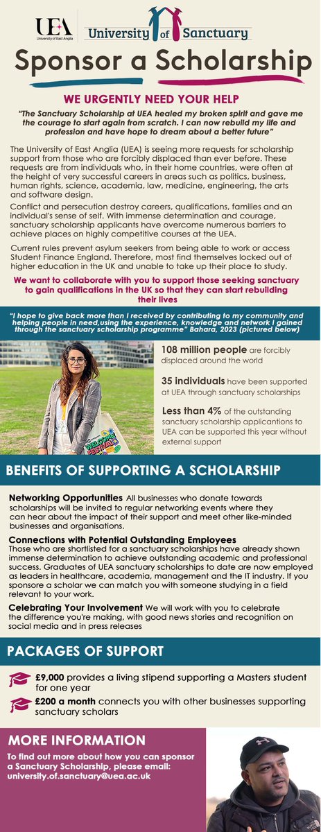 We are looking to connect with businesses who would like to support our work by donating towards a sanctuary scholarship. To find out more, please email: university.of.sanctuary@uea.ac.uk