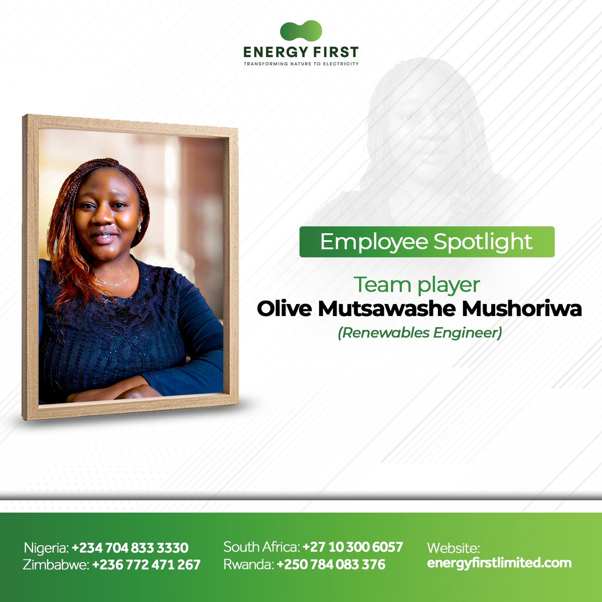 energyfirstltd1's tweet photo. This July, we are shining the light on Olive- our remarkable renewable energy expert based in Zimbabwe! 👏

With 4 years of experience in the solar ☀️ industry, Olive is dedicated to providing exceptional service to Energy First Limited's customers in Zimbabwe. https://t.co/x35POAjs9p