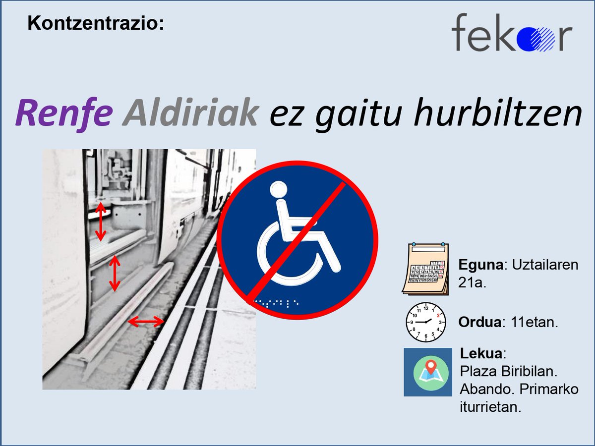 Fekoor's tweet photo. @Fekoor -etik, datorren ostiralean, uztailak 21, egingo dugun kontzentrazioan parte hartzera animatzen zaituztegu, goizeko 11:00etatik aurrera, #Bilboko Plaza Zirkularrean, @Renfe Aldiri bere trenen #irisgarritasuna eskatzeko.
Zuen zain gaude. https://t.co/2gd5JoXBh3