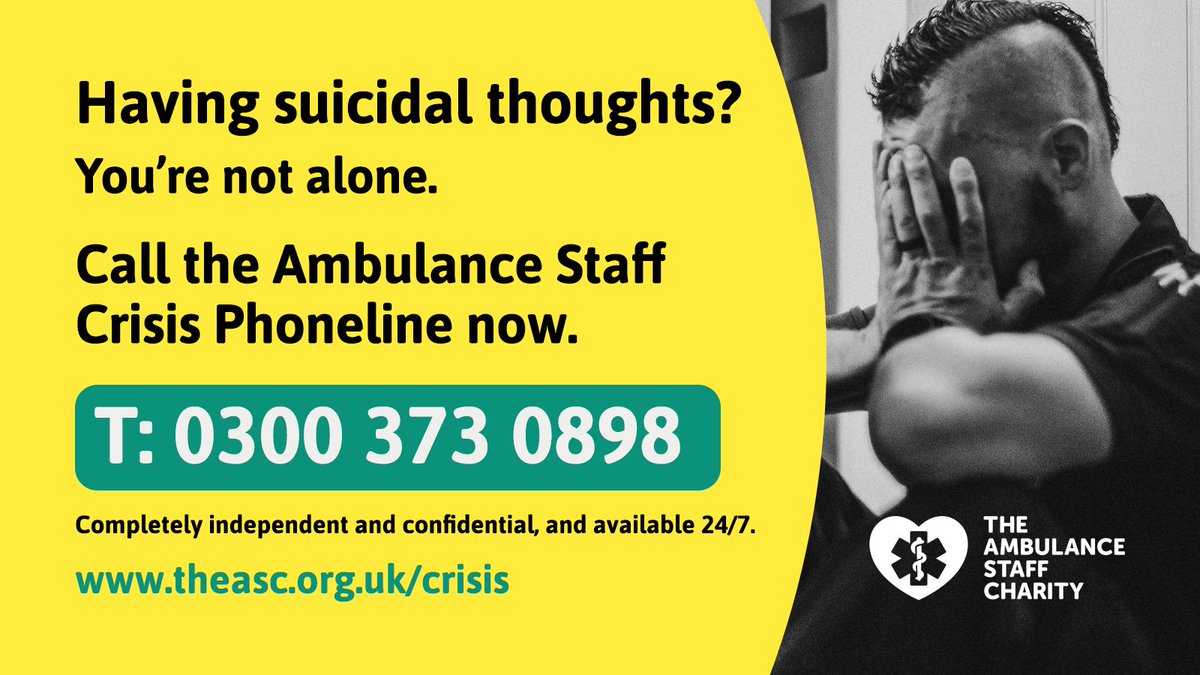 Having suicidal thoughts? The #Ambulance Staff Crisis Phoneline offers immediate & ongoing care for UK #AmbulanceStaff. Learn more: theasc.org.uk In crisis? Call 0300 373 0898 (24/7/365) Not in crisis but want support? Call 02477 987 922 (9am-5pm, Mon-Fri) #TASCP