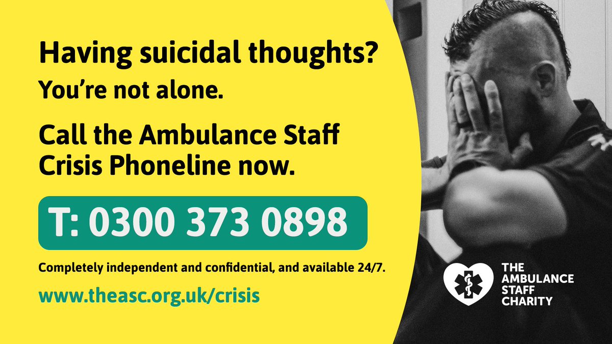 Having suicidal thoughts? The #Ambulance Staff Crisis Phoneline offers immediate &amp; ongoing care for UK #AmbulanceStaff. Learn more: theasc.org.uk

In crisis? Call 0300 373 0898 (24/7/365)
Not in crisis but want support? Call 02477 987 922 (9am-5pm, Mon-Fri)

#TASCP