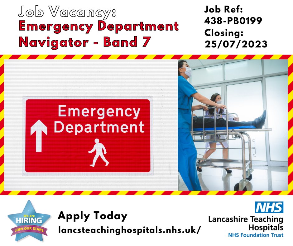 Lancashire Teaching Hospitals Jobs 💙 (@lancshospjobs) on Twitter photo We're looking to appoint an #EmergencyDepartment Navigator to be a part of the #Safeguarding Team <a href="/LancsHospitals/">Chorley & Royal Preston</a>
📅Fixed term 18 Months
⏳Full time 37.5 Hrs a week
💰#Band7
⏰Closes: 25/07/23
Discover more & apply: lancsteachinghospitals.nhs.uk/join-our-workf…
#ED #NHS #NHSjobs @LTHTREmergency1 We're looking to appoint an #EmergencyDepartment Navigator to be a part of the #Safeguarding Team <a href="/LancsHospitals/">Chorley & Royal Preston</a>
📅Fixed term 18 Months
⏳Full time 37.5 Hrs a week
💰#Band7
⏰Closes: 25/07/23
Discover more & apply: lancsteachinghospitals.nhs.uk/join-our-workf…
#ED #NHS #NHSjobs @LTHTREmergency1