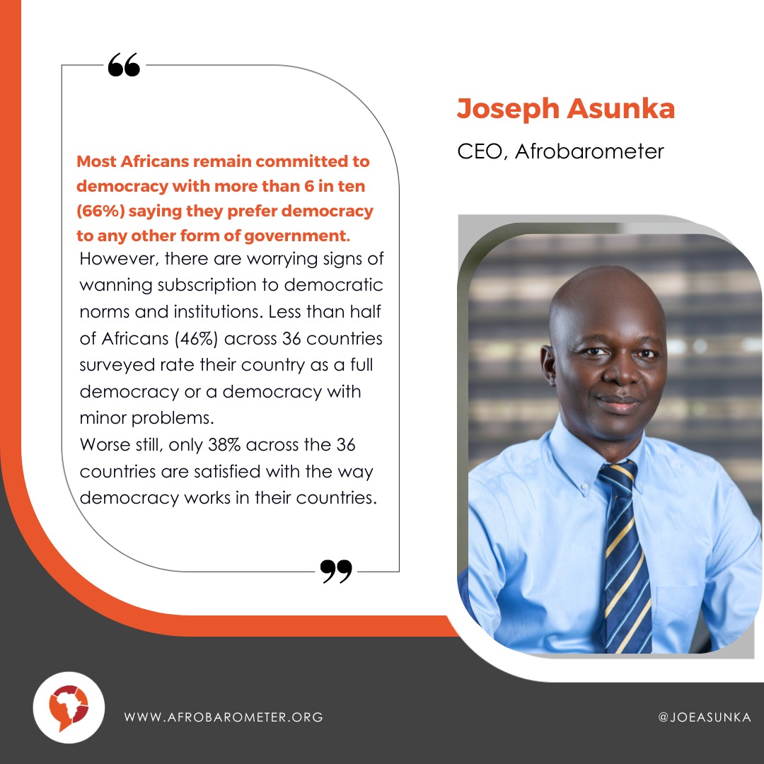 “Demand for democracy remains high, but the supply is weak and declining,” says Afrobarometer CEO <a href="/joeasunka/">Joseph Asunka</a> at the Elders’ Retreat currently ongoing at Arusha, Tanzania.

#D4D023 #VoicesAfrica