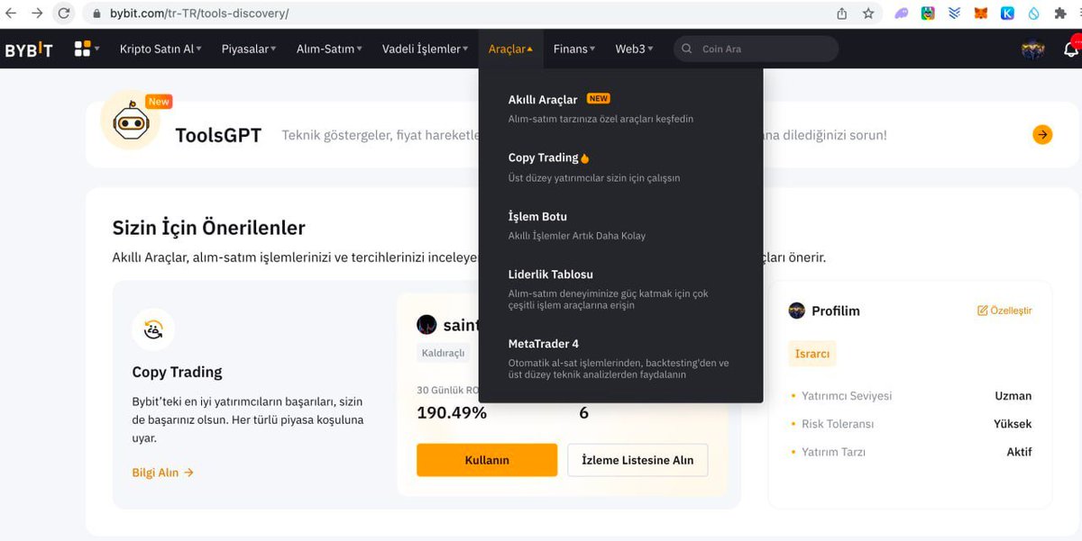 kriptokrat5's tweet photo. #Bybit harika bir yenilik getirmiş. 
Borsaya tarayıcı üzerinden giriş sağladıktan sonra sırasıyla;

Araçlar ➡️ Akıllı Araçlar Sekmesi ➡️ ToolsGPT
Aşamalarını geçerek bota "ne zaman tasfiye edileceğim" gibi bazı yaratıcı sorular sormaya çalışın. 

Yapay zeka botunu mutlaka kullanın, ilginç bilgiler edinebilirsiniz.

Özellikle kripto alanında bir yapay zeka olduğu için google tarafında ulaşmakta zorluk yaşadığınız bilgilere doğrudan erişim sağlayabilme fırsatı veriyor.