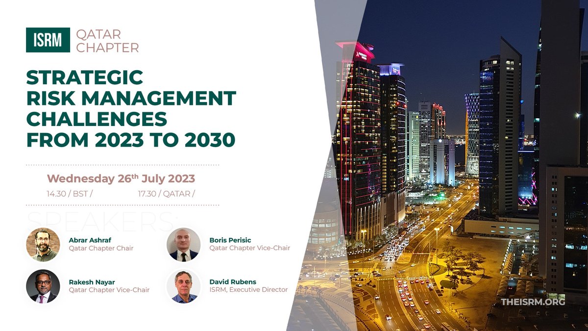 🔔 Secure your spot on time for ISRM Qatar Chapter webinar next week!

🔺"Strategic Risk Management Challenges from 2023 to 2030" on July 26th at 14:30 BST.

Register here ➡️ theisrm.org/en/strategic-r…