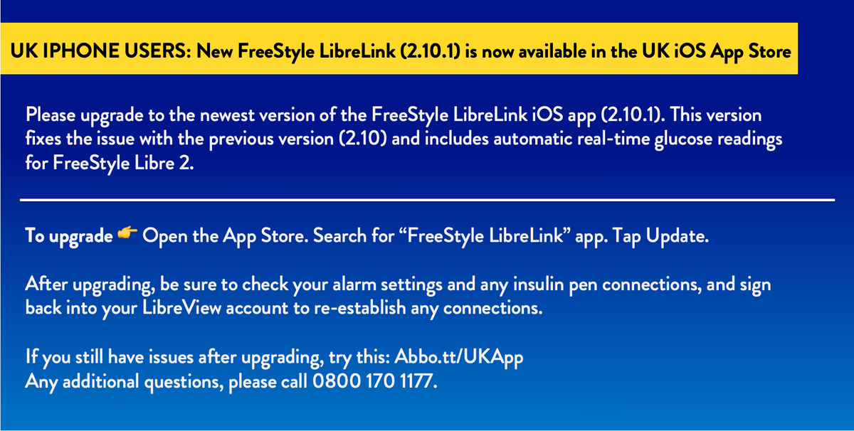 UK IPHONE USERS: FreeStyle LibreLink (2.10.1) is now available in the UK iOS App Store. Please upgrade your app to the newest version. Thanks for your patience. We're sorry for the disruption we caused. If you still have issues after upgrading, try this youtu.be/32AWDZ77rBI