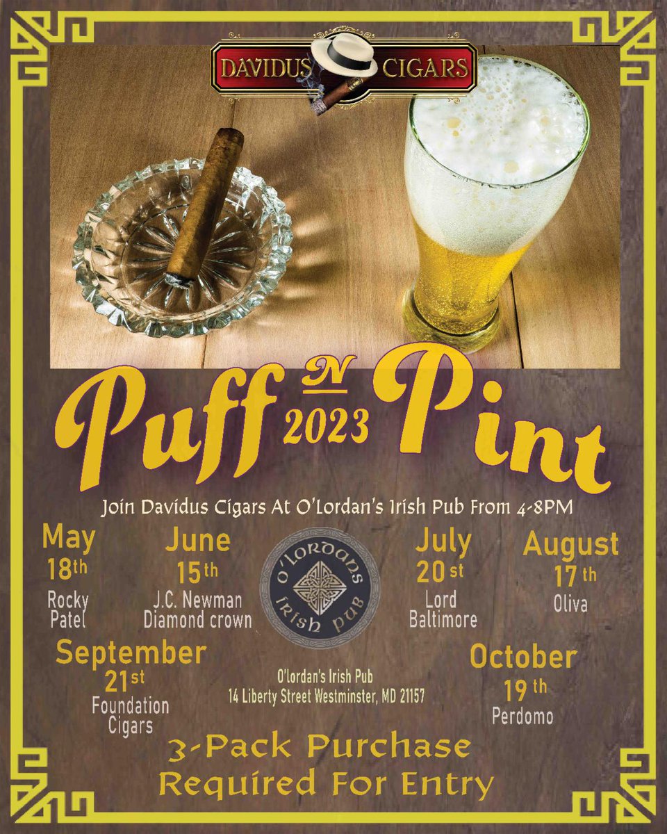 Join Davidus Cigars at O’Lordans this Thursday from 4-8 PM! Located in beautiful downtown Westminster, O’Lordans Irish Pub offers traditional Irish fare and eclectic menu specials. Enjoy a variety of lagers, ales and fine Irish whiskies with your favorite Lord Baltimore cigars a