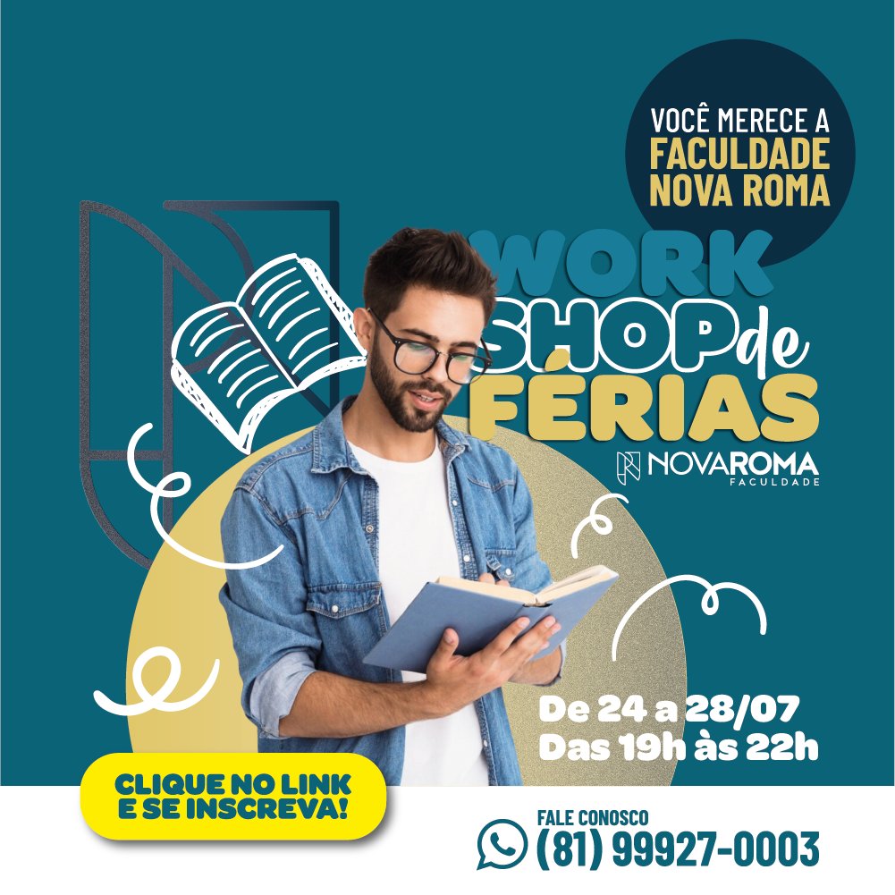 De 24 a 28 de julho, Nova Roma com workshops nas áreas de Direito, Psicologia e TI. Informe-se aqui: conteudo.novaroma.edu.br/comunidades

#FaculdadeNovaRoma #FNR #NovaRomaRecife #Recife #NovaRomaCaruaru #Caruaru #Workshop #Férias #CursoDeFérias #Direito #Psicologia #TI #Tecnologia #Tech