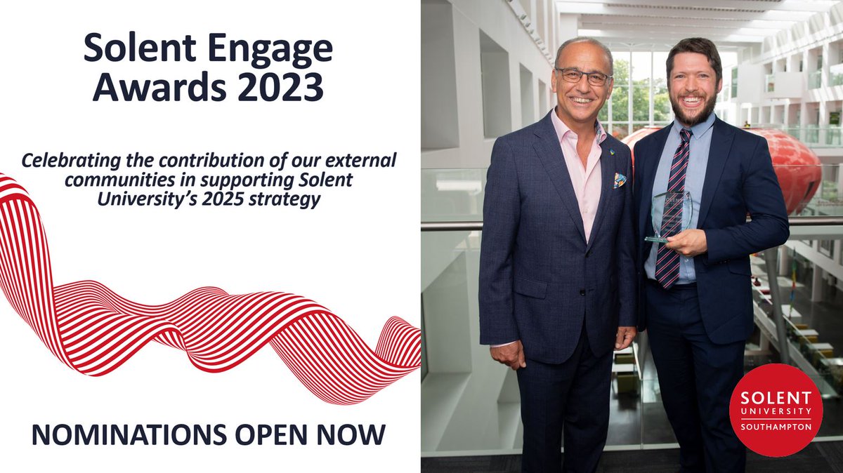 Nominations for the Solent Engage Awards 2023 are now open! 🏆

Help us celebrate the external communities who positively impact <a href="/SolentUni/">Southampton Solent University</a> our student community, and wider Southampton society. 

Find out more and nominate now 👉 ow.ly/uqGI50PcFmS

#SolentEngageAwards