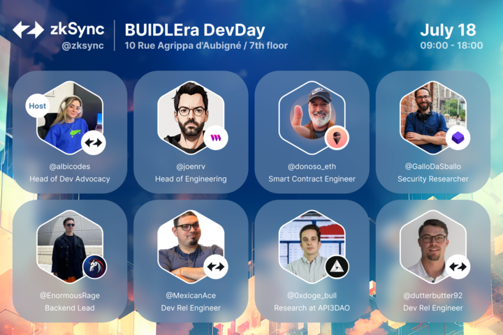 Calling all builders at <a href="/EthCC/">EthCC - Ethereum Community Conference</a> 📢

Stop by zkSync's #BUIDLEra DevDay tomorrow, July 18 for developer-focused sessions featuring special guests from thirdweb, Gelato Network, Code4Rena,  1inch, and API3DAO.

✅ Register
• Session #1: lu.ma/txuy6yct
• Session #2: