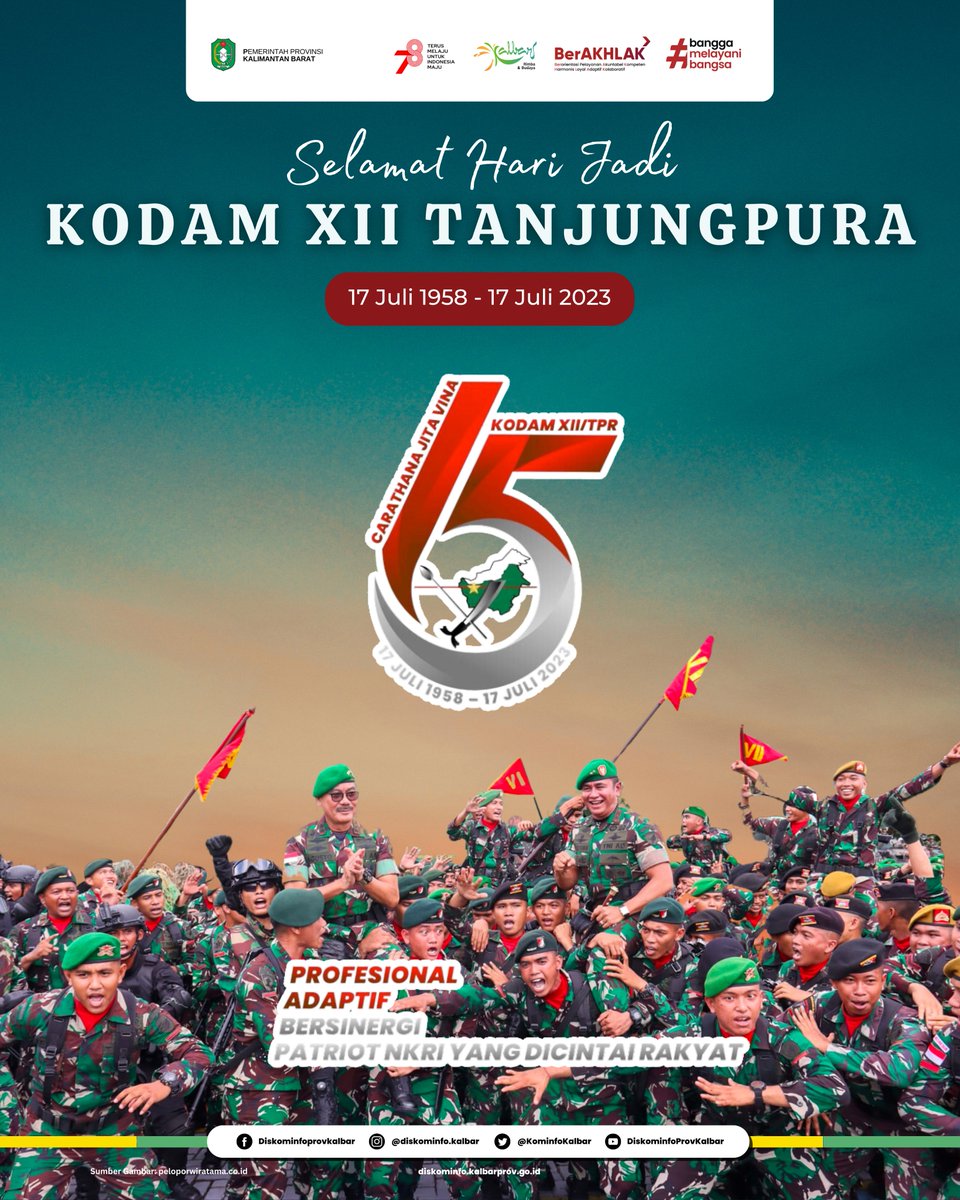 KominfoKalbar's tweet photo. Selamat Hari Jadi KODAM XII TANJUNGPURA

17 Juli 1958 - 17 Juli 2023

Profesional, Adaptif, Bersinergi, Patriot NKRI yang dicintai Rakyat

#pemprovkalbar #diskominfokalbar #kodamtanjungpura https://t.co/jB3JP5aAFU