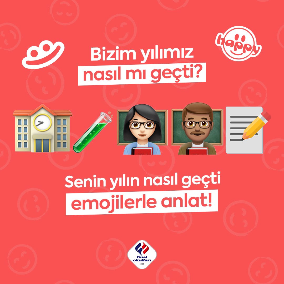 finalokullari's tweet photo. Bugün duygularımıza tercüman olan emojilerin günü!
Bizim yılımız böyle geçti: 📝🏫📗🎒👨‍🏫👩‍🏫🎓 🏋‍♀⛹
 
Sizin yılınız nasıl geçti? 
Emojilerle anlatın…

#FinalOkulları #EmojiGünü https://t.co/p4GdaQEj1f