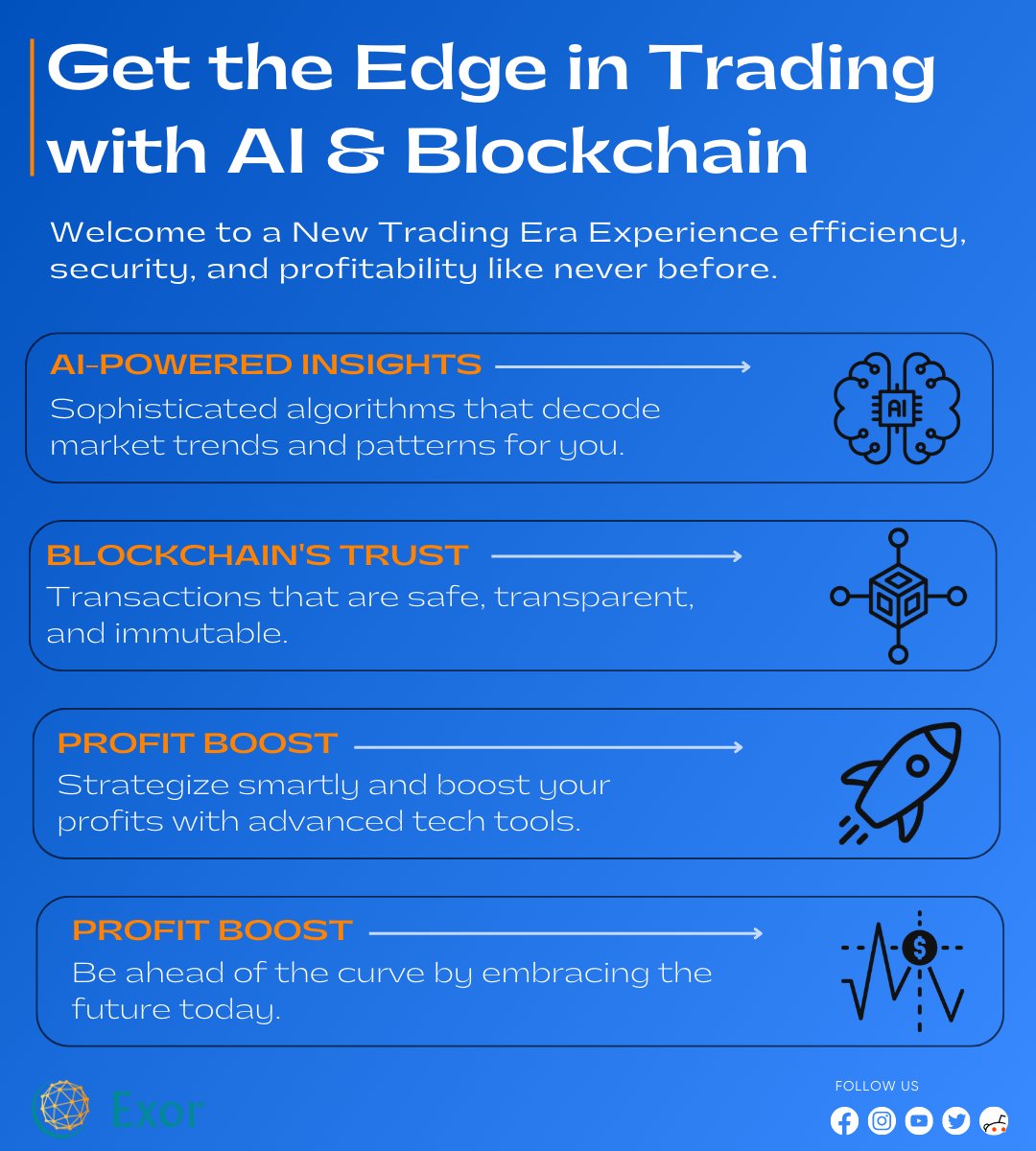 Gain a competitive advantage in trading with the fusion of AI and blockchain technology. Access real-time insights, optimize strategies, and stay ahead of the market trends. Elevate your trading game with Exor Company. 

#AITrading #BlockchainTechnology #ExorCompany