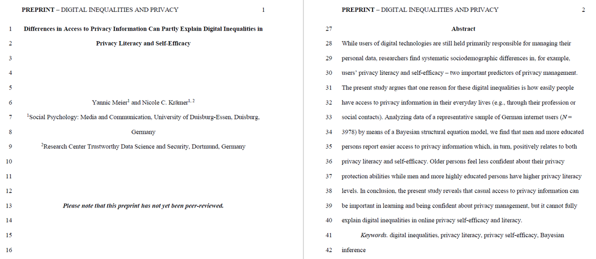 ymeier5's tweet photo. 🔔New Preprint🔔

We use a representative German sample to examine digital #inequalities regarding online #privacy literacy &amp; self-efficacy with #Bayesian inference. Short thread about results and implications👇
#preregistered #opendata #openmaterials

https://t.co/PTCanvd6xm https://t.co/xLO9p1peKP