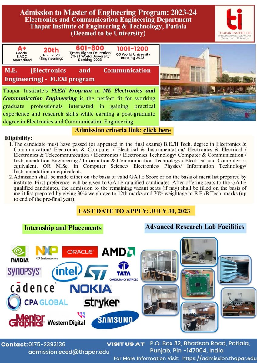 TIETofficial's tweet photo. Inviting all M.E. aspirants!

The Electronics and Communications Engineering Department at TIET is accepting applications for the Master of Engineering program (2023-2024).

Hurry up and apply now!
https://t.co/GiVAjJUEI2

#TIET #ThaparInstitute #EngineeringProgram https://t.co/FHRYFvz9QL