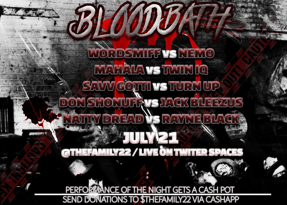 shunshinepeppa's tweet photo. 🩸BLOODBATH POLLS ARE ACTIVE ‼️
🗳️GET YOUR VOTES IN ‼️
#JULY21ST #730PM🕢#EST #LIVEONSPACES 🪐
#TFAM #THEFAMILY #BATTLERAP #BLOODBATH #BLOODBATHPOLLS #POTN: $TheeFamily22 https://t.co/PCZfWgbjnS