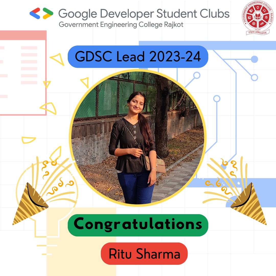 gdscgecr's tweet photo. Thrilled to announce that Ritu sharma has been selected as our 5th lead and first female Google Developer Students Club lead at Government Engineering College Rajkot!🥳 https://t.co/iOP9ztZA8s