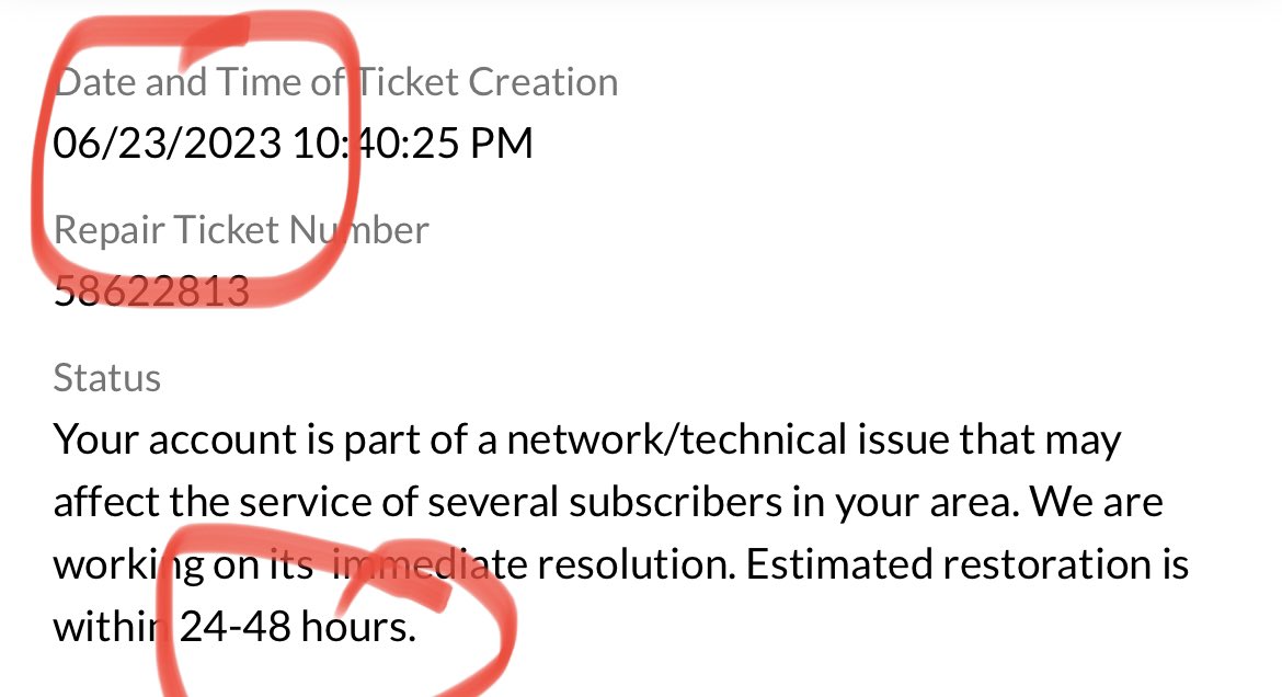 date and time of ticket creation: June 23

<a href="/PLDT_Cares/">PLDT Cares</a> : “estimated restoration is within 24-48 hrs”

also <a href="/PLDT_Cares/">PLDT Cares</a> : *July 17 na no resolution parin* 💀💀💀💀💀