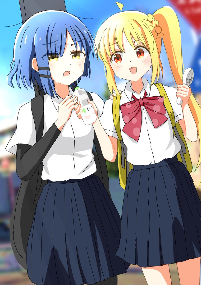 ijichi nijika multiple girls 2girls blonde hair skirt blue hair bottle pleated skirt  illustration images
