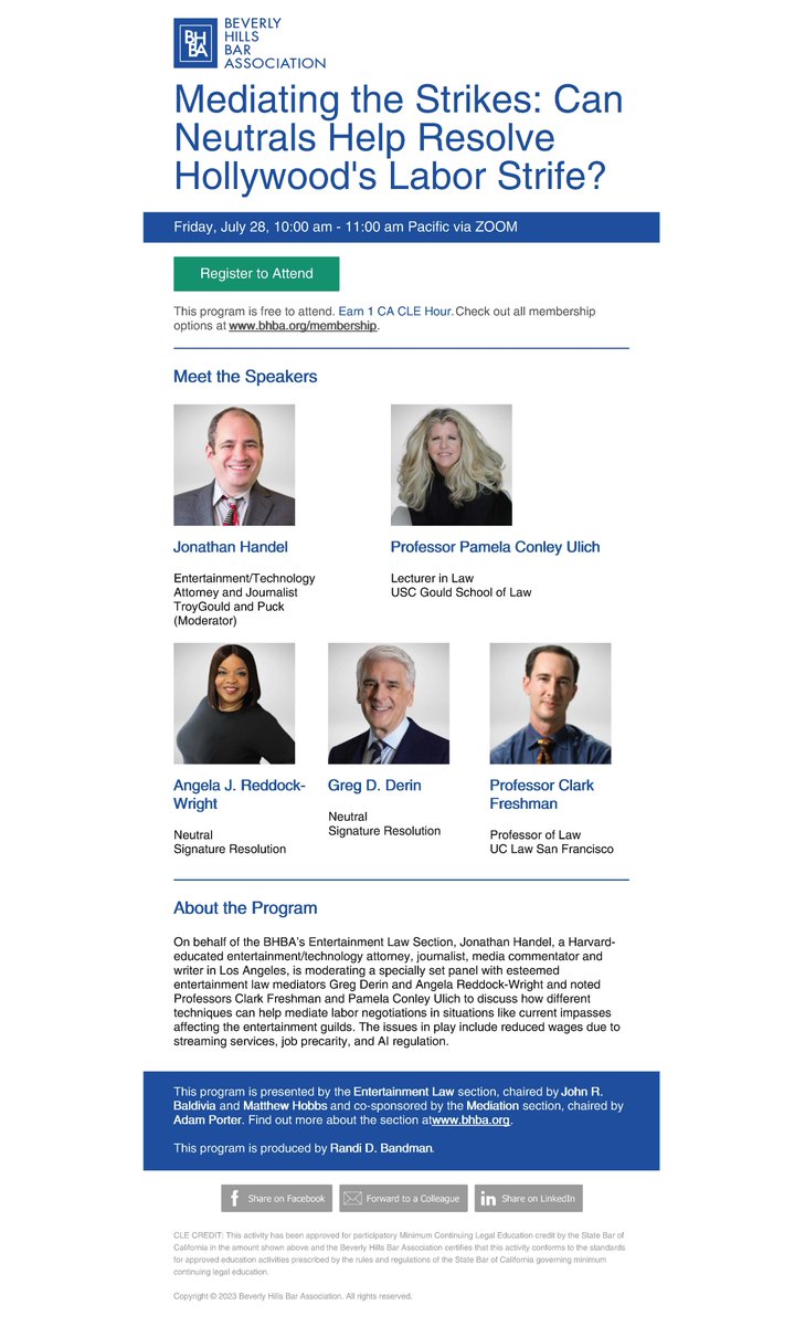 Mediating the Strikes: Can Neutrals Help Resolve
Hollywood's Labor Strife? free webinar hosted by <a href="/jhandel/">Jonathan Handel</a> for <a href="/bhba/">BeverlyHillsBarAssociation</a> 
bhba.org/mediatingthest…