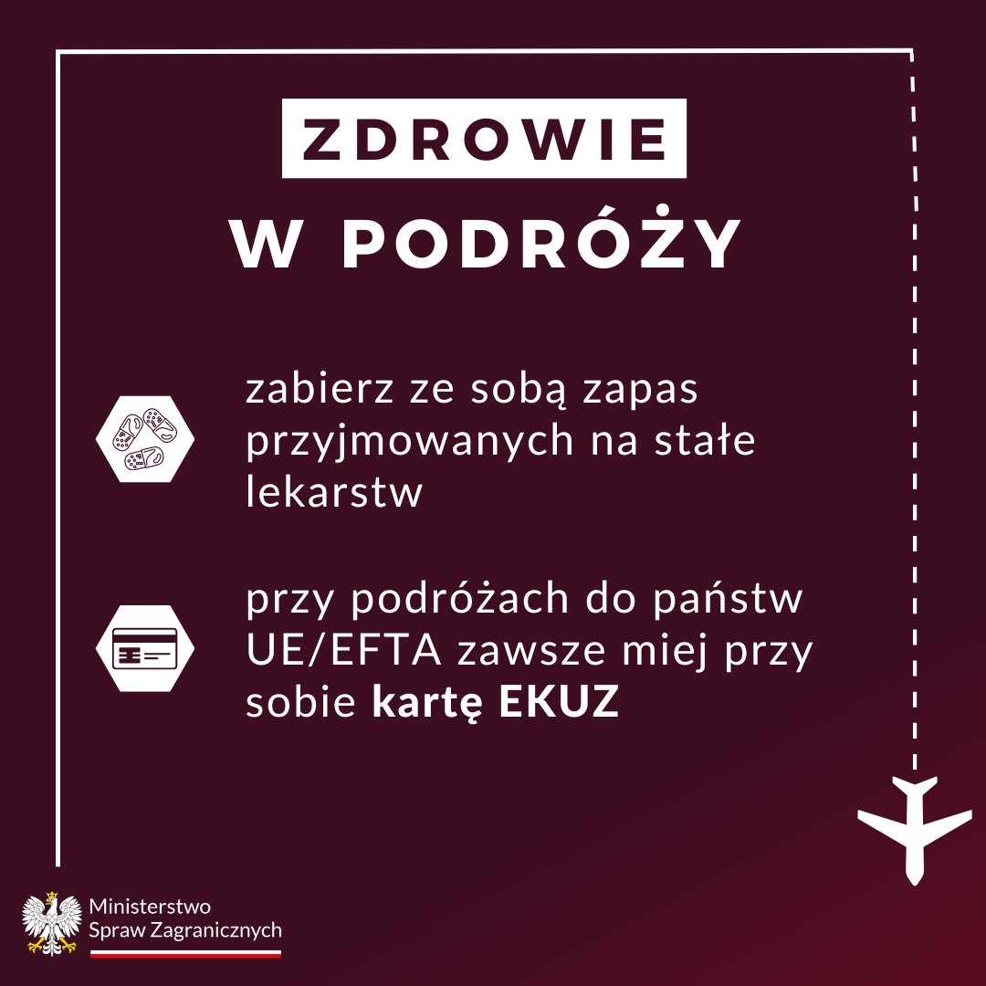 🩺 Zadbaj o zdrowie na wakacjach!

💊 Zabierz zapas lekarstw, które przyjmujesz na stałe, na cały okres pobytu. Weź pod uwagę możliwe opóźnienia w powrocie z podróży.

⚕️ Jeśli jedziesz do państw UE/EFTA, wyrób Europejską Kartę Ubezpieczenia Zdrowotnego EKUZ!

#BezpieczneWakacje
