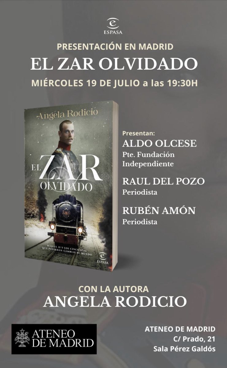 El próximo miércoles, nuestro presidente, <a href="/aldo_olcese/">Aldo Olcese</a> estará presentando el libro #ElZarOlvidado de la escritora <a href="/AngelaRodicio/">Angela Rodicio</a> en el <a href="/ateneodemadrid/">Ateneo de Madrid</a> ¡te esperamos! <a href="/AhoraCivil/">Sociedad Civil Ahora</a>