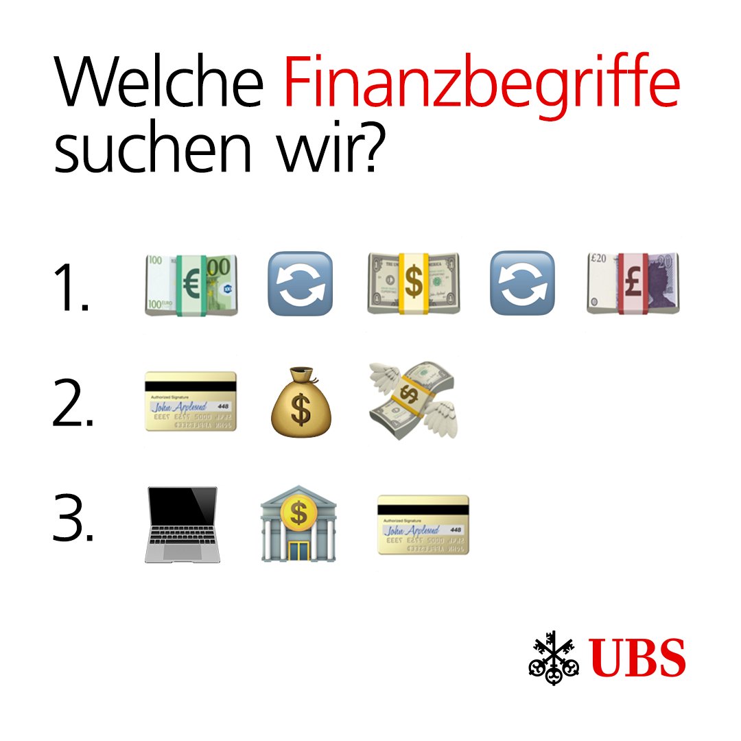 UBSschweiz's tweet image. Zum World Emoji Day haben wir ein kleines Emoji-Finanz-Ratespiel vorbereitet.💭 

Tipp: Alle drei Dinge können sich während Ihrer Ferien als sehr hilfreich erweisen.😉💁‍♀️ Schaffen Sie es, alle Begriffe zu erraten?
#ubsschweiz #worldemojiday #emojiquiz #finance