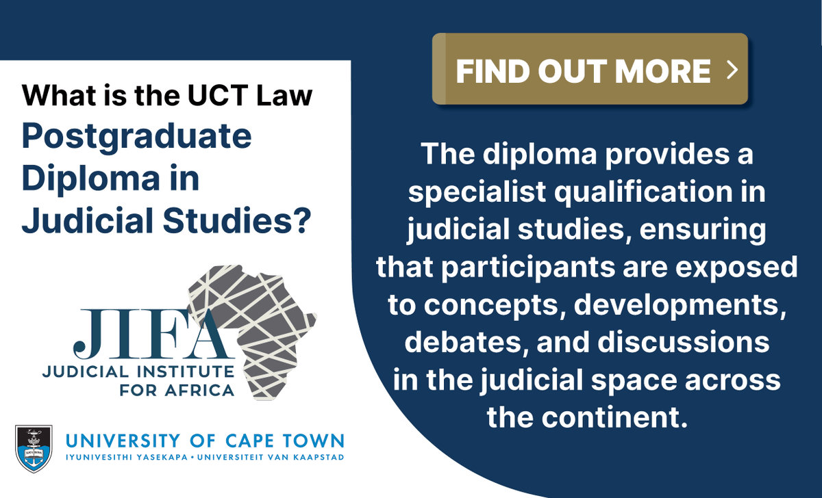 JIFA_Official's tweet photo. The @UctLaw Postgraduate Diploma in Judicial Studies programme is aimed at professionals across the African continent that are currently serving as judges and magistrates, or earmarked for the judicial track. If this is you, click here: https://t.co/GKAjicbwwp
#judicialstudies https://t.co/iNuHiB3FdJ