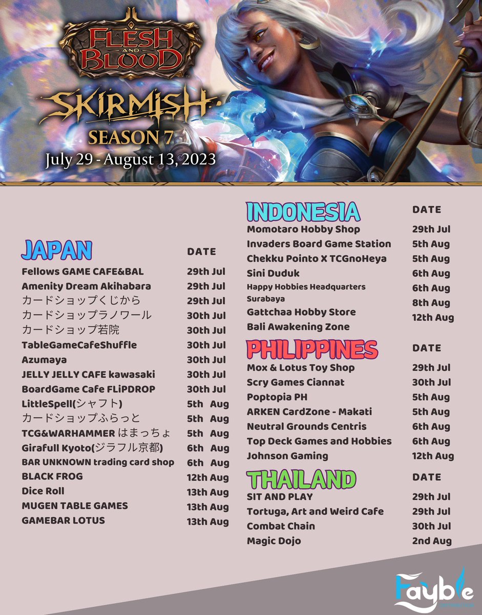 FaybleTcginfo's tweet photo. Skirmish Season 7 Events⚔️

Skirmish is back, this time with THREE fast and frenzied formats to dive into‼️

#fabtcg https://t.co/QlgZdmNAVF