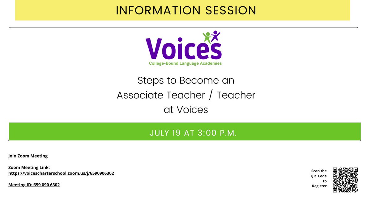VoicesAcademies's tweet photo. Information Session: Become a Teacher at Voices

Don't miss our Teacher/Associate Teacher Information Session on Wednesday, July 19, 2023, at 3:00 PM PST. Register Here: https://t.co/9mk07HXGDu

Zoom Meeting Link: 
https://t.co/nTMXwTmjZ6
ID Meeting: 659 090 6302 https://t.co/PMuv0N8gwm