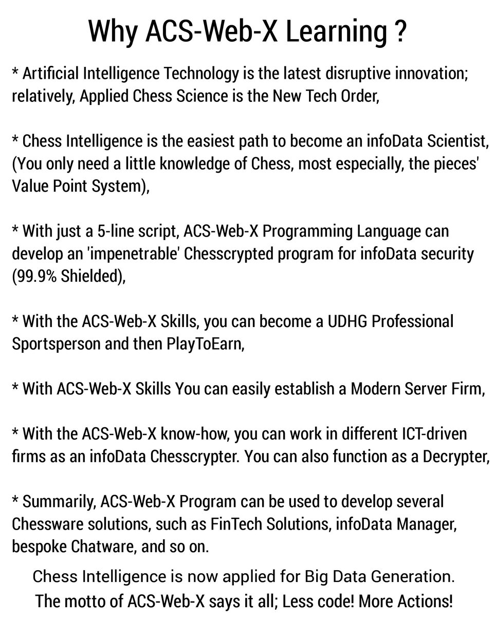 jawolusy's tweet photo. Why ACS-Web-X Chessware?
#iCoCi23 #Artificialintelligence
#Chessintelligence #Chessware
#AppliedChessScience #UDHG #AI
#Textualintelligence #Chatware https://t.co/kTqPhChAje
