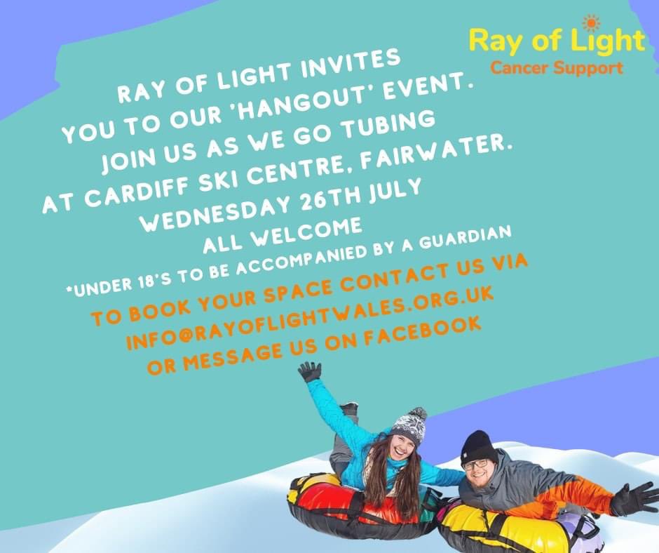 rayoflightwales's tweet photo. Huge thanks to @CarersTrustWal &amp; @WelshGovernment funding the Time for Me Amser and Hangout Project. We are inviting families &amp; young people affected by cancer to come and 'Hangout' with us as we go tubing in Cardiff. Lots of events coming up https://t.co/Is7ONkYyaf https://t.co/MLbRaVboUN