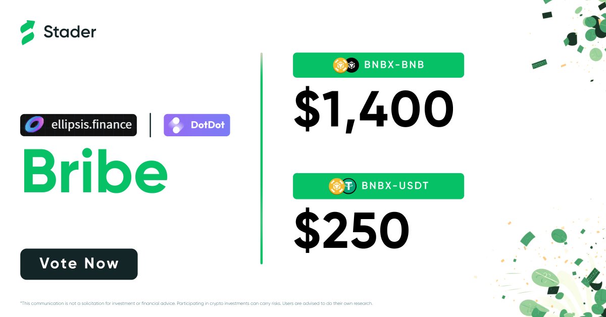 Stader.BNB (@stader_bnb) on Twitter photo π₯ Blast off with the $1650 Bribe Pool at @EllipsisFi! π
Power up your liquidity strategy with ADDITIONAL REWARDS!
Vote for BNBx pools on Ellipsis or <a href="/DotDotDotFi/">Dot Dot Finance</a>π³
Tick-tock, the epoch is ending! Secure your claim NOW!
Vote Now! π―π bit.ly/3XUcGLk π₯ Blast off with the $1650 Bribe Pool at @EllipsisFi! π
Power up your liquidity strategy with ADDITIONAL REWARDS!
Vote for BNBx pools on Ellipsis or <a href="/DotDotDotFi/">Dot Dot Finance</a>π³
Tick-tock, the epoch is ending! Secure your claim NOW!
Vote Now! π―π bit.ly/3XUcGLk