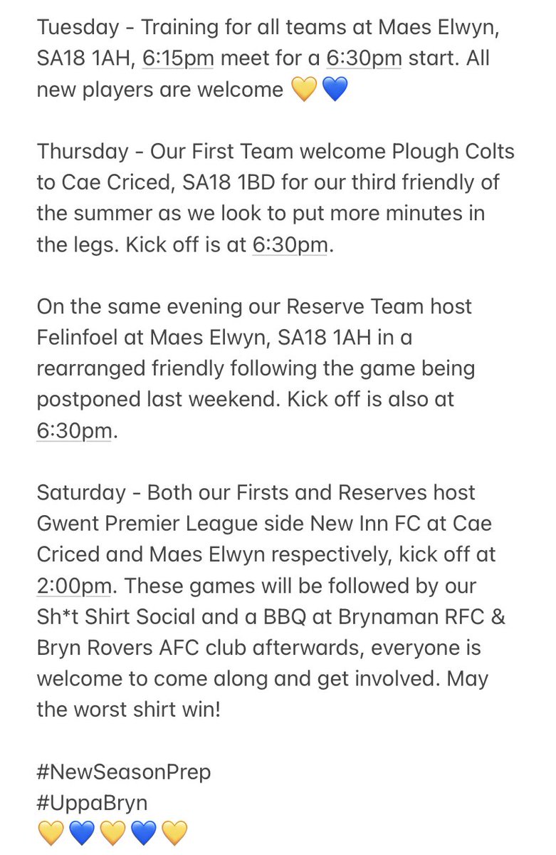 BrynRoversAFC's tweet photo. With less than 3 weeks to go until the start of the @PremierWales, weβre stepping the hard work up this weekππ»
Keep an eye on our socials as the build up to the start of the #WWPL continues! Thereβs still some exciting news to be shared πβοΈ
#NewSeasonPrep
#UppaBryn
πππππ https://t.co/3C8izZAtPU