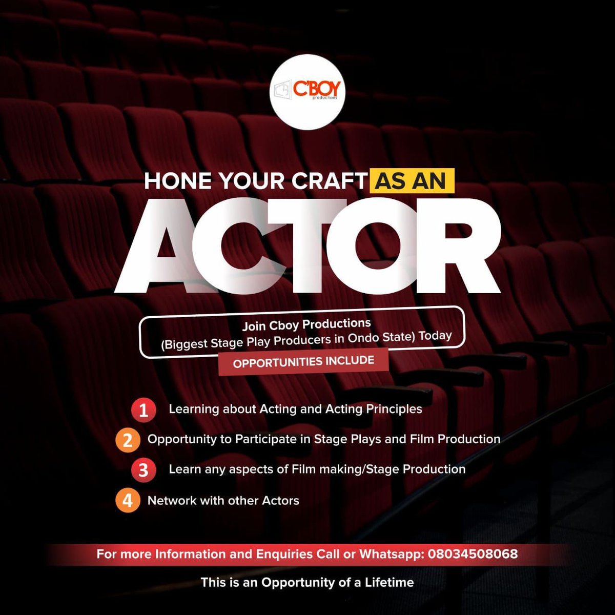 AKURECITY's tweet photo. Are you an *Actor* *Aspiring Actor* or You know *Anyone who want to enhance their Acting Career*
Here’s a Golden opportunity 
Join  #CboyProduction today and let’s build a career.

For more information call 
07065345717
07069497149

whatsapp 08034508068

Have a blissful Week🙏 https://t.co/J6lyP2Y588