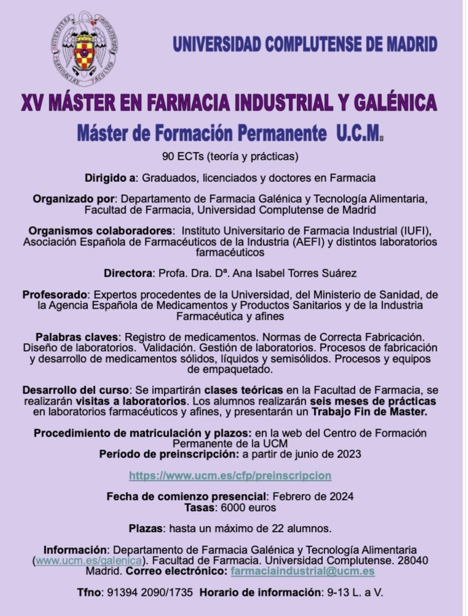 ffarmaciaUCM's tweet photo. ¿Quieres ampliar tu formación en el ámbito de la #industriafarmaceutica y #galénica? 👀👉 #titulopropio de @ffarmaciaUCM “Máster en Farmacia Industrial y Galénica”. Razones: 1.Contenido actualizado 2.Impartido x expertos. 3. #formaciondecalidad 👉https://t.co/0KF4AOaKcD https://t.co/5vAs5e1CG8