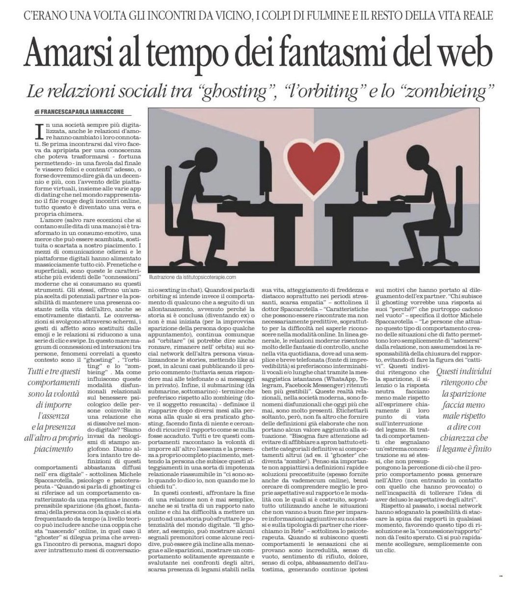 L’intervista di Francescapaola Iannaccone <a href="/francescapaola3/">Chicca_1,2,3Stella©</a> sulle pagine del Quotidiano del Sud <a href="/LAltravoce/">L'Altravoce - Il Quotidiano</a>
al Dott. Michele Spaccarotella
Autore del libro “Il Piacere Digitale”
#ghosting #orbiting #zombieing
#michelespaccarotella #ilpiaceredigitale
#sexandthesocial <a href="/GiuntiEditore/">Giunti Editore</a>