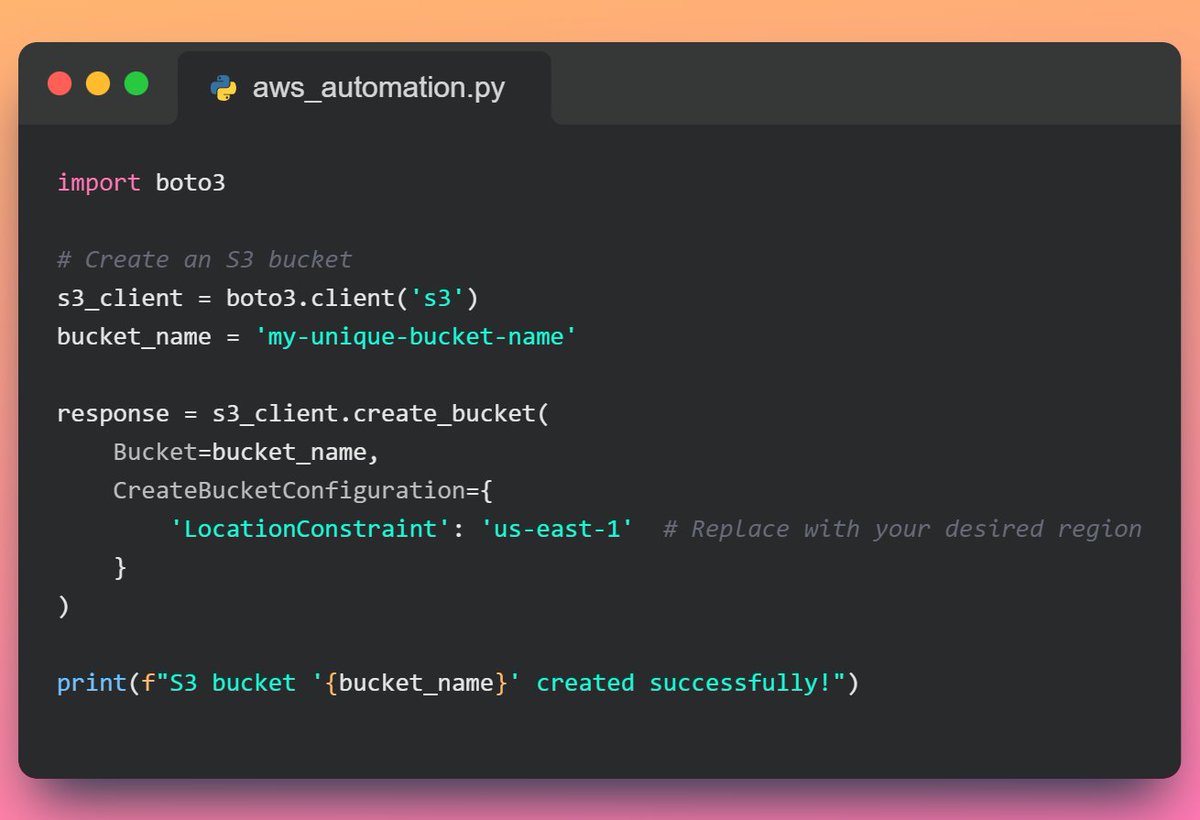tech_twitts's tweet image. 🐍🌩️Supercharge your AWS workflows with Boto3, the AWS SDK for Python! 💻🚀
🔸Automation: Harness the power of Boto3, the AWS SDK for Python, to automate provisioning, configuration, and management of AWS resources. #Python #AWSAutomation #AWS #CloudComputing 
----see more👇