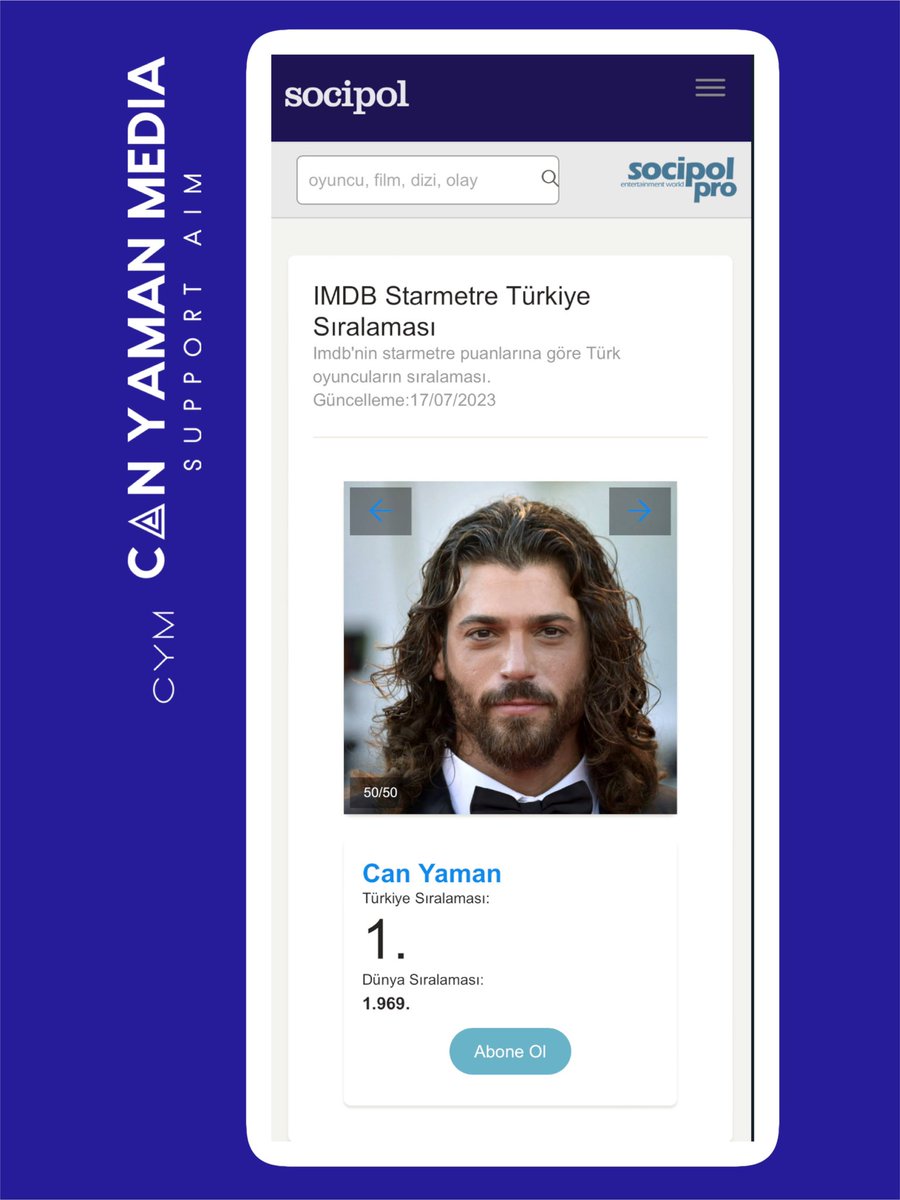 NEW| Socipol.com  IMDB Data Analysis 

#CanYaman is no 1 from all Turkish actors and actresses on IMDb chart week commencing 17/07/23. #CanYaman is positioned as no 1969 from 11M artists monitored worldwide.
<a href="/socipol/">Socipol.com</a> 

Top 3 for 22 weeks
Top 5 for 27 weeks