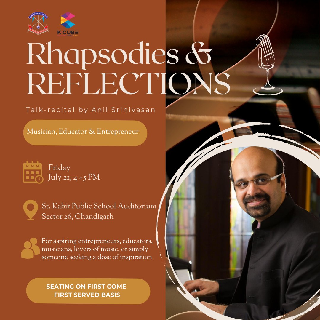 K-Cube @ St Kabir Public School is delighted to host Mr. Anil Srinivasan, @anilsrinivasan - musician, educator, and entrepreneur - for a talk on July 21, 4-5 PM at the School Auditorium.