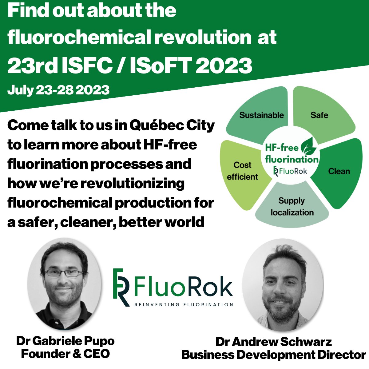 Want to find out more about the fluorochemical revolution and HF-free fluorination processes? Join us next week at 23rd ISFC/ISoFT ‘23in Québec City. Come talk to us on our stand....À bientôt!🍁 isfc2023.org #fluoRok #fluo_Rok #fluorination #fluorochemicalrevolution