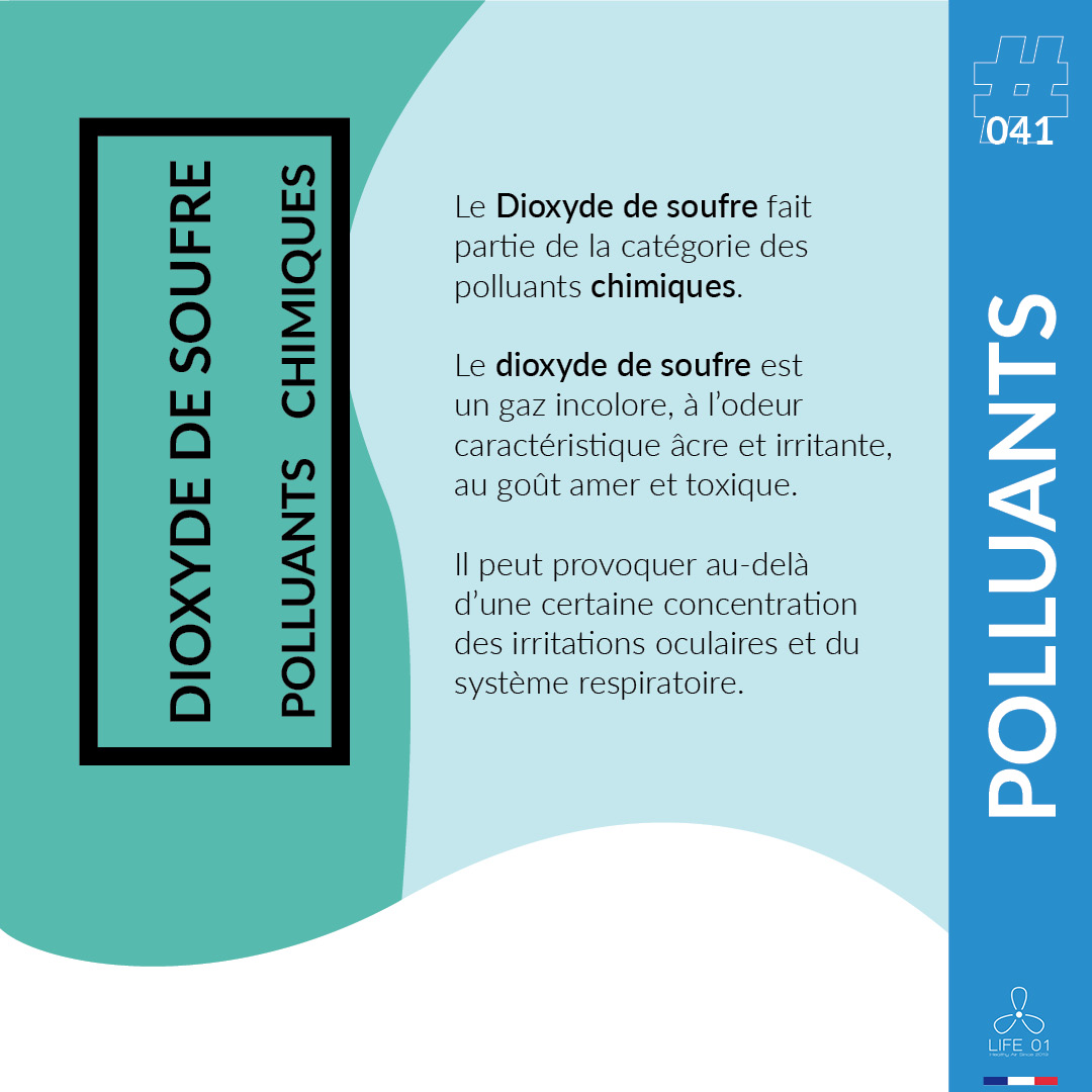 Polluants #041

Le dioxyde de soufre est un gaz incolore, à l’odeur caractéristique âcre et irritante. Il peut provoquer au-delà d’une certaine concentration des irritations oculaires et du système respiratoire.

Respirez informés avec <a href="/Life01QAI/">Life 01</a> !

#IAQ #QAI #Life01#Pollution